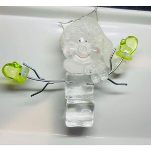 Vintage Smiling Ice Snowman Christmas Tree Ornament w Sparkly Green Hat Holiday